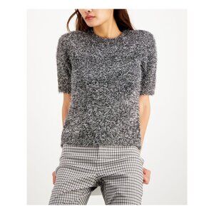 INC Womens Silver Fitted Fuzzy Metallic Crew Neck Evening Sweater NWT Large